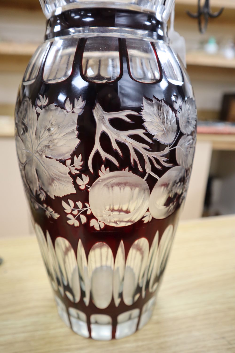 A Bohemian ruby overlaid glass vase, height 92cm